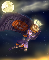 Size: 4060x5000 | Tagged: safe, artist:mintjuice, derpibooru import, oc, oc only, oc:maya northwind, anthro, unicorn, absurd resolution, anthro oc, broom, candy, clothes, dress, female, food, halloween, hat, holiday, jack-o-lantern, mare, moon, parachute, pumpkin, pumpkin bucket, sky, smiling, socks, solo, striped socks, sweets, witch, witch hat, ych result