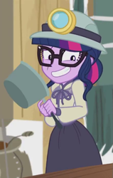 Size: 443x696 | Tagged: safe, derpibooru import, screencap, sci-twi, twilight sparkle, better together, equestria girls, opening night, clothes, costume, cropped, grin, nervous, nervous grin, pot, smiling, solo