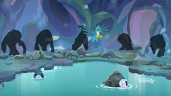 Size: 1920x1080 | Tagged: safe, derpibooru import, screencap, gallus, silverstream, griffon, seapony (g4), what lies beneath, nightmare cave, rock, shadow, water, wings