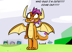 Size: 1400x1000 | Tagged: safe, artist:zouyugi, derpibooru import, gallus, ocellus, sandbar, silverstream, smolder, yona, classical hippogriff, dragon, griffon, hippogriff, angry, blushing, cute, dialogue, dragoness, female, hiding, i'm not cute, smolderbetes, smoldere, student six, this will end in pain, tsundere, upset