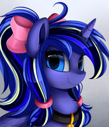 Size: 1722x2003 | Tagged: safe, artist:pridark, derpibooru import, oc, oc only, oc:woona sparkle, alicorn, pony, unicorn, adorable face, alicorn oc, blue eyes, bow, bust, collar, commission, cute, female, fluffy, hair bow, mare, portrait, smiling, solo