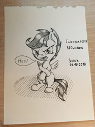 Size: 907x1210 | Tagged: safe, artist:stink111, derpibooru import, scootaloo, pegasus, pony, female, filly, monochrome, scootachicken, solo, traditional art