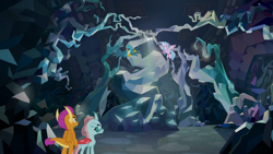 Size: 1280x720 | Tagged: safe, derpibooru import, screencap, gallus, ocellus, silverstream, smolder, changedling, changeling, classical hippogriff, dragon, griffon, hippogriff, what lies beneath, crystal, dragoness, female, flying, male, nightmare cave