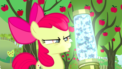 Size: 1439x810 | Tagged: safe, derpibooru import, screencap, apple bloom, earth pony, pony, bloom and gloom, apple tree, bow, canister, female, filly, foal, hair bow, narrowed eyes, solo, tree, twittermite