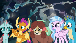 Size: 1280x720 | Tagged: safe, derpibooru import, screencap, gallus, ocellus, silverstream, smolder, yona, changedling, changeling, dragon, griffon, hippogriff, yak, what lies beneath, female, male, pointing, raised eyebrow