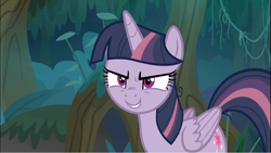 Size: 1249x702 | Tagged: safe, derpibooru import, screencap, mean twilight sparkle, alicorn, pony, the mean 6, clone, cropped, everfree forest, evil grin, female, grin, mare, scary face, sinister, smiling, solo