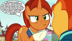 Size: 1280x720 | Tagged: safe, derpibooru import, edit, edited screencap, screencap, stellar flare, sunburst, season 8, the parent map, angry, caps lock, nagging, raised hoof, sire's hollow, speech bubble, text, that pony sure does want grandfoals, yelling