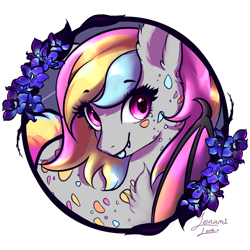 Size: 1500x1500 | Tagged: safe, artist:lenamilove, derpibooru import, oc, oc only, bat pony, pony, :p, bat pony oc, bat wings, commission, cute, cute little fangs, digital art, ear fluff, fangs, female, flower, frame, looking at you, mare, multicolored hair, multicolored mane, signature, silly, simple background, smiling, solo, tongue out, transparent background, wings, ych result