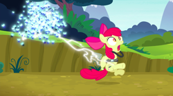 Size: 1440x804 | Tagged: safe, derpibooru import, screencap, apple bloom, earth pony, pony, bloom and gloom, bow, cropped, electrocution, female, filly, foal, hair bow, lightning, literal butthurt, open mouth, pain, pest control gear, plot, solo, swarm, twitbuster apple bloom, twittermite