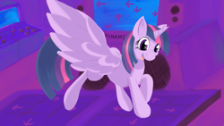 Size: 1919x1080 | Tagged: safe, artist:enshems, derpibooru import, twilight sparkle, twilight sparkle (alicorn), alicorn, pony, arcade, dance dance revolution, dancing, game, smiling, video game