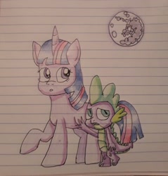 Size: 1971x2059 | Tagged: safe, artist:artistathefilly, derpibooru import, spike, twilight sparkle, dragon, pony, lined paper, mare in the moon, moon, traditional art