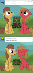 Size: 600x1320 | Tagged: safe, artist:loceri, derpibooru import, oc, oc only, oc:marigold, oc:pun, earth pony, pony, ask, ask pun, female, mare, sitting