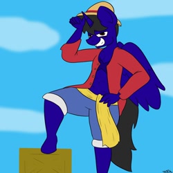 Size: 1200x1200 | Tagged: safe, artist:theimmortalwolf, derpibooru import, oc, alicorn, anthro, alicorn oc, box, hand on hip, monkey d luffy, one piece