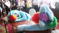 Size: 1280x720 | Tagged: safe, derpibooru import, rainbow dash, human, beijing, china, china ponycon, fursuit, irl, irl human, photo, sleeping