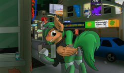 Size: 4989x2956 | Tagged: safe, artist:kamithepony, derpibooru import, oc, oc:atom smasher, oc:kami, cyborg, pegasus, pony, the sunjackers, canterlot, car, clothes, cyberpunk, heliodryl, neon, neon sign, new canterlot, pub