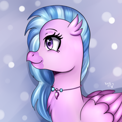 Size: 1080x1080 | Tagged: safe, artist:yumomochan, derpibooru import, silverstream, classical hippogriff, hippogriff, abstract background, digital art, profile, simple background, smiley face