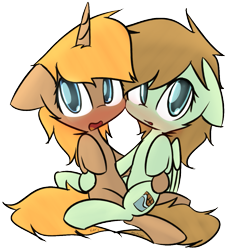 Size: 1029x1123 | Tagged: safe, artist:lofis, derpibooru import, oc, oc:mint chocolate, oc:slypai, pegasus, pony, unicorn, 2019 community collab, awkward, blushing, couple, cuddling, derpibooru community collaboration, female, femboy, flustered, friends, horn, hug, looking at you, male, mare, simple background, snuggling, stallion, transparent background, wings