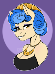 Size: 1423x1893 | Tagged: safe, artist:fairdahlia, derpibooru import, sapphire shores, anthro, earth pony, abstract background, bare shoulders, beautiful, clothes, cute, female, jewelry, mare, necklace, smiling, solo