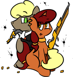 Size: 949x1000 | Tagged: safe, artist:orbitalaerospace, derpibooru exclusive, derpibooru import, oc, oc only, oc:brass bolts, oc:perseus, earth pony, pony, unicorn, brasseus, bullet, bullet hole, clothes, duo, ear piercing, earring, female, gun, hairband, handgun, jewelry, male, mare, necklace, piercing, rifle, shipping, simple background, smiling, stallion, straight, suit, transparent background, weapon