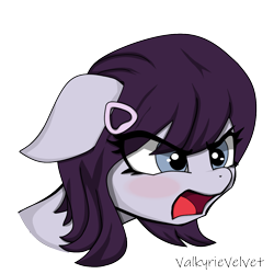 Size: 1200x1200 | Tagged: safe, artist:valkyrievelvet, derpibooru import, oc, oc only, oc:rainfall bloom, earth pony, pony, bashful, blushing, bust, commission, female, gray eyes, hairclip, mare, open mouth, purple mane, simple background, transparent background, yelling