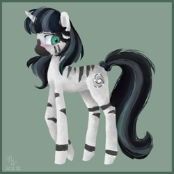 Size: 1500x1500 | Tagged: safe, artist:wavydream, derpibooru import, oc, oc only, zebra, zebracorn, blushing, commission, digital art, female, green background, mare, signature, simple background, solo, ych result, zebra oc