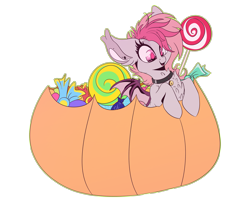 Size: 1999x1700 | Tagged: safe, artist:hagallaz, derpibooru import, oc, oc only, oc:candy quartz, bat pony, pony, bat pony oc, candy, chest fluff, collar, cute, ear piercing, female, fluffy, food, halloween, happy, holiday, lollipop, piercing, pumpkin, pumpkin bucket, shaved mane, simple background, smiling, solo, transparent background, weapons-grade cute, ych result