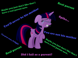 Size: 2592x1936 | Tagged: safe, artist:eagc7, derpibooru import, twilight sparkle, twilight sparkle (alicorn), alicorn, pony, father knows beast, black background, crying, darkness, feels, female, heartbreak, implied spike, inner thoughts, mama twilight, mare, sad, simple background, solo