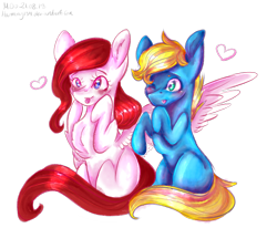 Size: 3590x2962 | Tagged: safe, artist:harmony134, derpibooru import, oc, oc only, oc:harmony (harmony134), earth pony, pegasus, pony, blushing, female, heart, male, mare, signature, simple background, smiling, stallion, transparent background