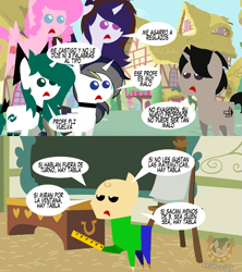 Size: 853x960 | Tagged: safe, artist:archooves, derpibooru import, oc, oc:archooves, oc:cbtis-chan, oc:conalep, oc:pinky shy, oc:space crusher, pony, baldi, baldi's basics in education and learning, pointy ponies, simpsons did it, spanish, the simpsons, translation request