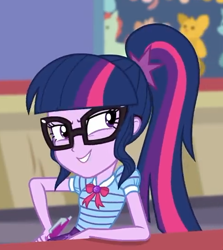 Size: 482x540 | Tagged: safe, derpibooru import, screencap, sci-twi, twilight sparkle, better together, equestria girls, rollercoaster of friendship, clothes, cropped, geode of telekinesis, glasses, ponytail, smiling, solo