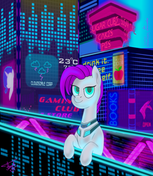 Size: 2372x2724 | Tagged: safe, artist:alexcooler, derpibooru import, oc, oc only, earth pony, pony, city, cyberpunk, future, neon, solo, unnamed oc