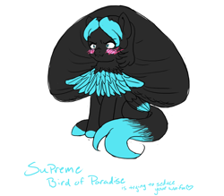 Size: 1050x920 | Tagged: safe, derpibooru import, oc, bird pone, bird of paradise, blush sticker, blushing, solo, text