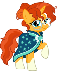 Size: 3000x3736 | Tagged: safe, artist:cloudyglow, derpibooru import, sunburst, sunstone (g4 r63 sunburst), pony, unicorn, adorkable, blaze (coat marking), cloak, clothes, cute, dork, female, glasses, hair bun, high res, lidded eyes, mare, messy mane, raised hoof, rule 63, simple background, smiling, socks (coat marking), solo, sunbetes, transparent background, waifu material