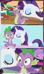 Size: 1228x2048 | Tagged: safe, derpibooru import, screencap, rarity, spike, twilight sparkle, twilight sparkle (alicorn), alicorn, dragon, pony, unicorn, best gift ever, secret of my excess, book, cute, female, golden oaks library, heartwarming, kiss mark, kiss on the cheek, kissing, lipstick, male, shipping fuel, straight