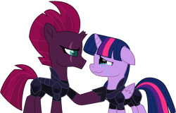 Size: 13381x8582 | Tagged: safe, artist:ejlightning007arts, derpibooru import, tempest shadow, twilight sparkle, twilight sparkle (alicorn), alicorn, pony, my little pony: the movie, absurd resolution, armor, broken horn, crying, cute, eye scar, scar, simple background, tears of joy, transparent background, wavy mouth