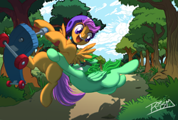 Size: 5049x3398 | Tagged: safe, artist:prismspark, derpibooru import, scootaloo, oc, pegasus, pony, duo, forest, goggles, scooter, tree