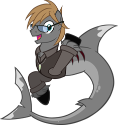 Size: 1134x1205 | Tagged: safe, artist:theeditormlp, derpibooru import, oc, oc:the editor, original species, shark pony, clothes, glasses, male, sharkified, simple background, solo, species swap, transparent background, vector