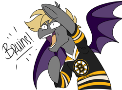 Size: 2700x2000 | Tagged: safe, artist:pixxpal, derpibooru import, oc, oc:night striker, bat pony, pony, boston bruins, clothes, hockey, hockey jersey, ice hockey, jersey, male, nhl, shirt, solo, sports, stallion