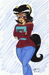 Size: 1730x2657 | Tagged: safe, artist:newyorkx3, derpibooru import, oc, oc only, oc:crystal, anthro, anthro oc, book, female, looking at you, notebook, solo, teenager, traditional art