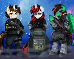 Size: 3215x2540 | Tagged: safe, artist:pridark, derpibooru import, oc, oc only, oc:lightning weather, pegasus, semi-anthro, unicorn, bipedal, clothes, commission, crossover, gun, looking at you, rainbow six, shield, tom clancy, video game crossover, weapon