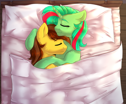 Size: 3000x2500 | Tagged: safe, artist:tigra0118, derpibooru import, oc, oc only, oc:figure eight, pony, bed, commission, couple, cuddling, eyes closed, in bed, lovely, morning ponies, sleeping, under the covers, unnamed oc