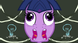 Size: 656x368 | Tagged: safe, derpibooru import, edit, edited screencap, screencap, twilight sparkle, twilight sparkle (alicorn), alicorn, pony, best gift ever, chalkboard, crazy face, derp, discovery family logo, faic, invisible stallion, lightbulb, nightmare fuel, open mouth, pudding face, solo, twilight sparkle is best facemaker, unitinu, wat