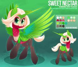 Size: 2500x2150 | Tagged: safe, artist:zombie, derpibooru import, oc, oc only, oc:sweet nectar, bird pone, hummingbird, original species, pony, female, horn, mare, ponified, reference sheet, solo, wings