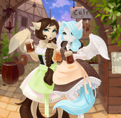 Size: 3027x2925 | Tagged: safe, artist:zlatavector, derpibooru import, oc, oc only, anthro, pegasus, alcohol, anthro oc, beer, clothes, commission, digital art, dress, duo, female, high res, mare, ych result