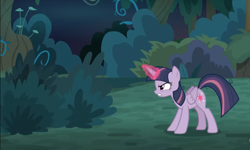 Size: 1167x701 | Tagged: safe, derpibooru import, screencap, mean twilight sparkle, alicorn, pony, the mean 6, bush, clone, everfree forest, female, glowing horn, mare, solo