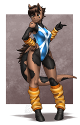 Size: 2426x3791 | Tagged: safe, artist:mykegreywolf, derpibooru import, oc, oc only, oc:nessy, anthro, dinosaur, hybrid, unguligrade anthro, anthro oc, arm warmers, armpits, clothes, commission, female, high-cut clothing, leg warmers, one-piece swimsuit, solo, swimsuit