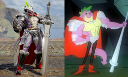 Size: 1800x1080 | Tagged: safe, derpibooru import, spike, dragon, a dog and pony show, armor, beefspike, comparison, dreamworks face, looking at you, male, soul calibur, soul calibur vi, sword, weapon