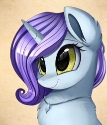 Size: 1722x2003 | Tagged: safe, artist:pridark, derpibooru import, oc, oc:gracelyn frost, pony, unicorn, bust, commission, cute, female, jewelry, necklace, pendant, portrait, smiling, solo