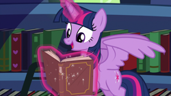 Size: 1280x720 | Tagged: safe, derpibooru import, screencap, twilight sparkle, twilight sparkle (alicorn), alicorn, pony, best gift ever, adorkable, book, bookshelf, cute, dork, flying, ladder, magic, magic aura, reading, smiley faceing, solo, that pony sure does love books