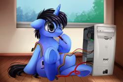 Size: 2516x1689 | Tagged: safe, artist:pridark, derpibooru import, oc, oc only, oc:tinker doo, pony, unicorn, commission, computer, cords, cute, frog (hoof), glasses, hard drive, male, mouth hold, one eye closed, screwdriver, solo, underhoof, window